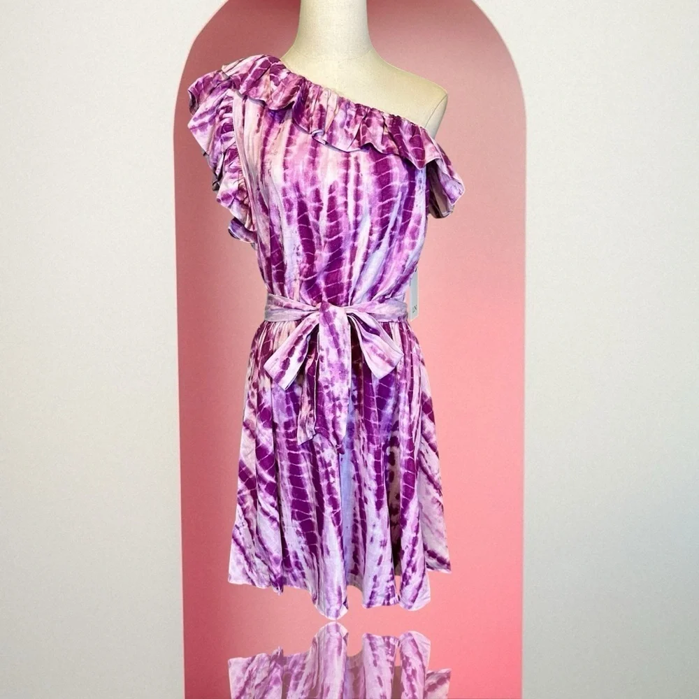 NWT LINI ‘Remi’ Ruffled Tie Dye Mini Dress in “Lavender & White” Size Small - Picture 2 of 15